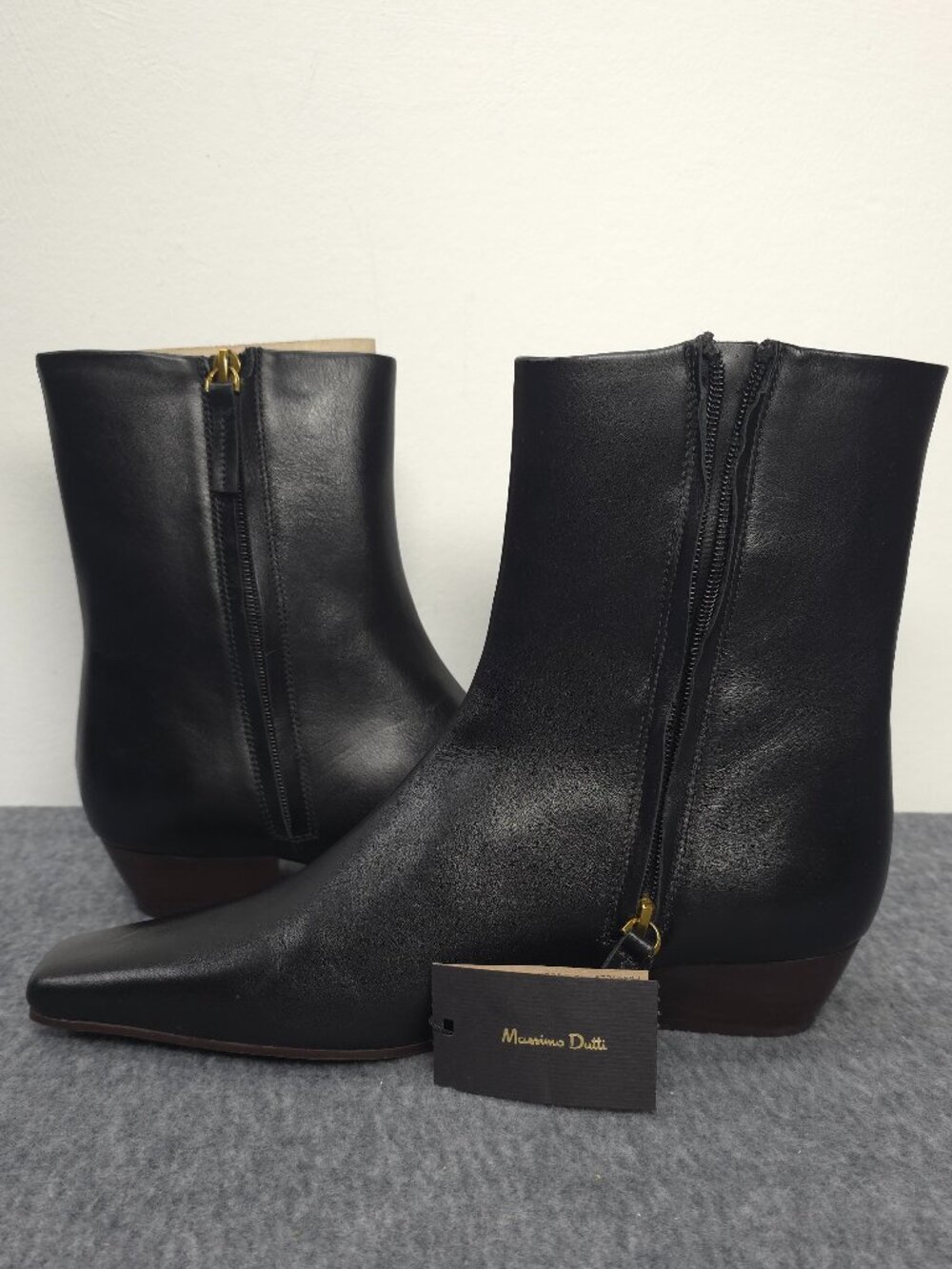 Massimo Dutti Black Leather Square Toe Ankle Boots EU 39 US 8 NWT